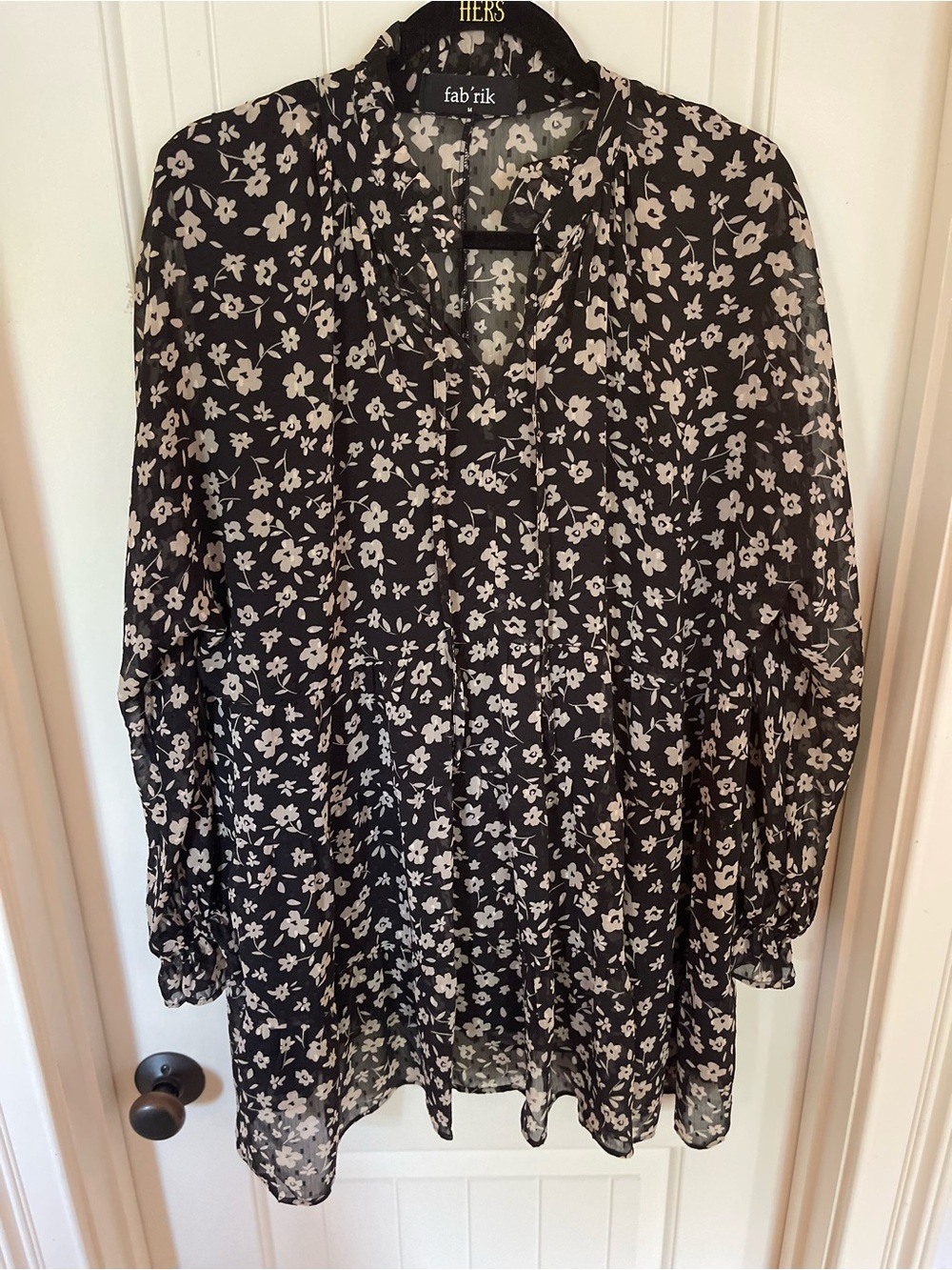 fab'rik Black Floral Sheer Tunic Dress with Cream Flowers